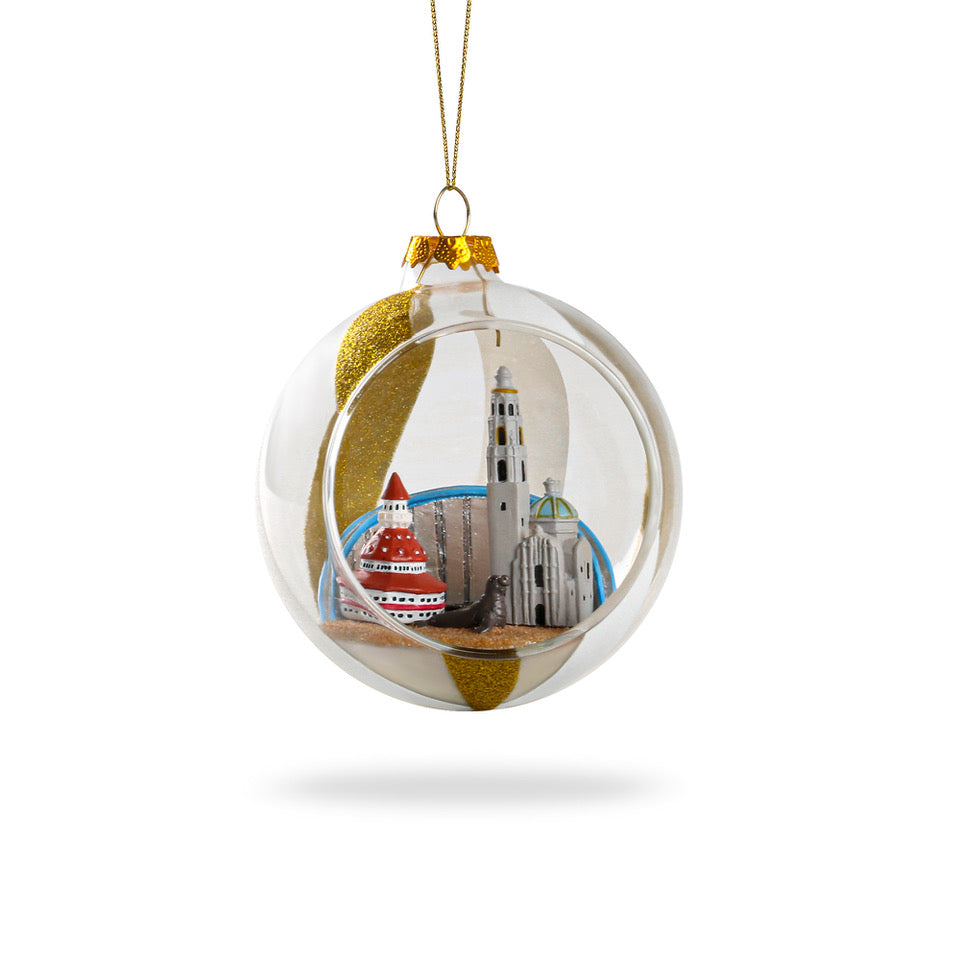 San Diego Cityscape Glass Globe Ornament featuring Coronado Bridge and Hotel del Coronado