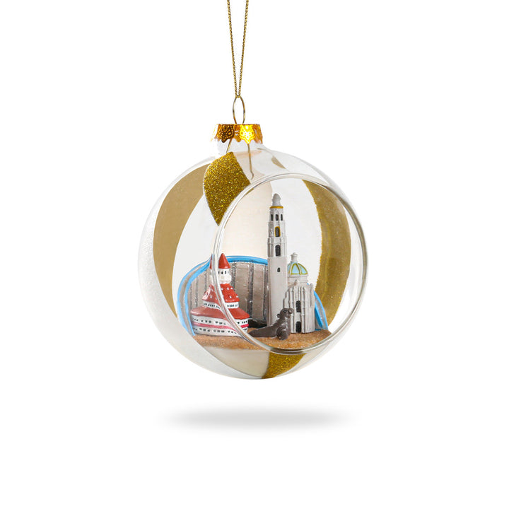 San Diego Cityscape Glass Globe Ornament featuring Coronado Bridge and Hotel del Coronado
