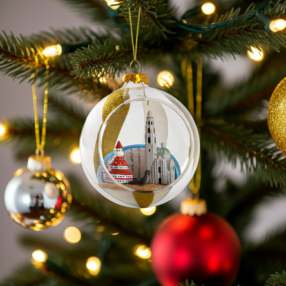 San Diego Christmas ornament with elephant seal and sandy base on the tree