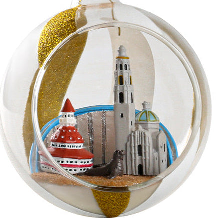 Close up of San Diego Cityscape Glass Globe Ornament featuring Coronado Bridge and Hotel del Coronado