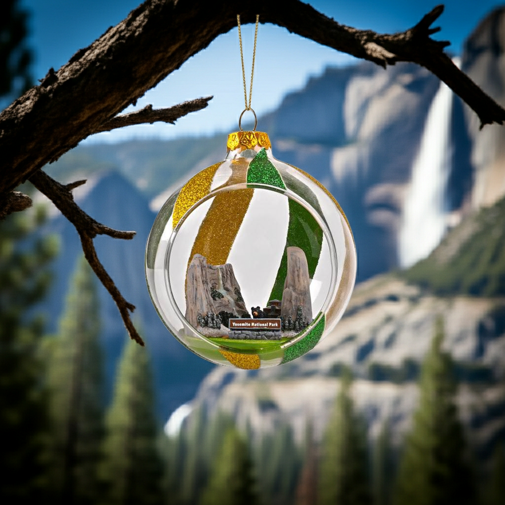 Decorative yosemite ornament with mountain design hanging from a branch against a mountainous landscape