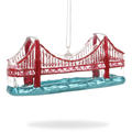 Hand-painted glass ornament in the shape of the Golden Gate Bridge with a red and white color scheme, suspended by a string.