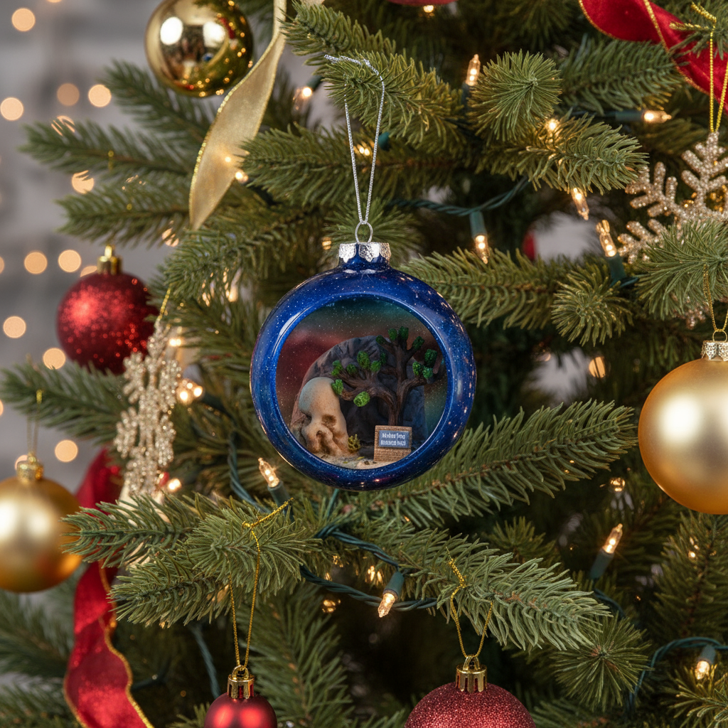 Joshua Tree National Park Glass Globe Ornament by Local Elves featuring Skull Rock and Milky Way night sky hanging on a christmas tree