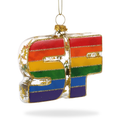 Hand-painted glass ornament in the shape of 'SF' with rainbow stripes and glitter accents, hanging from a thread.