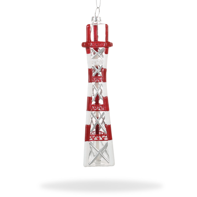 Hand-painted glass ornament in the shape of Sutro Tower, featuring red and white colors, suspended by a metallic loop.