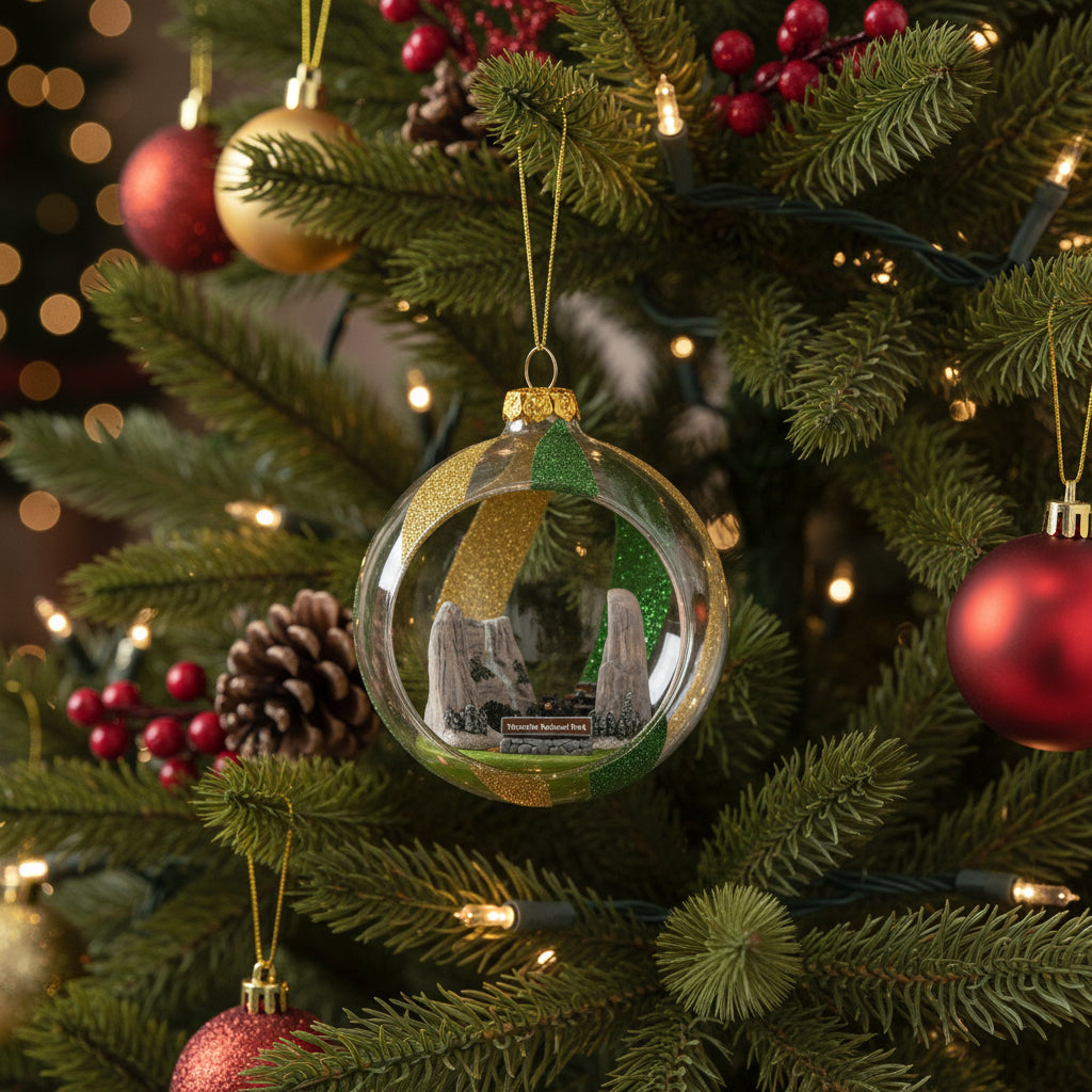 Decorative glass ball ornament of Yosemite National Park with a scenic view of a mountain and text on a white background hanging on a christmas tree